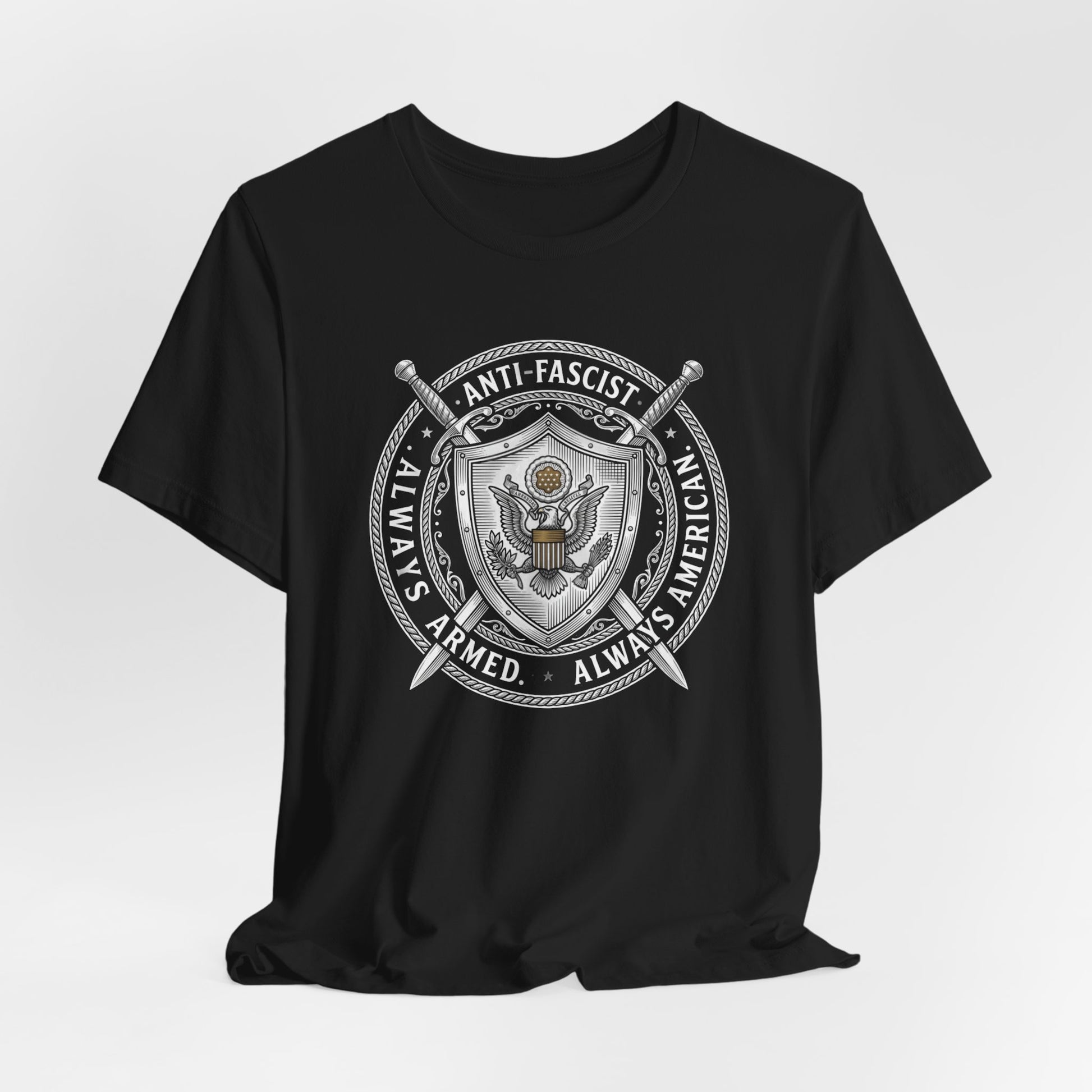 Black t-shirt with "Always Armed, Always American, Anti-Fascist" emblem.