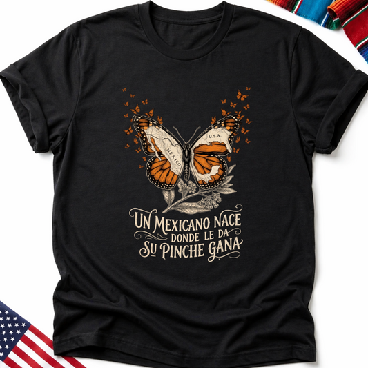 Black t-shirt with a butterfly design featuring "U.S.A." and "Mexico" text.