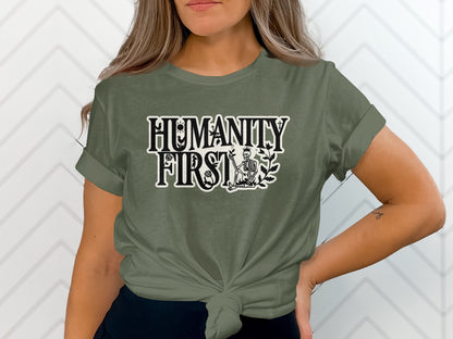 Humanity First Graphic Tee with Unique Skeleton Design