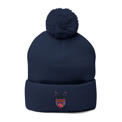 Cute Navy Blue Beanie with Pompom and Badge Design