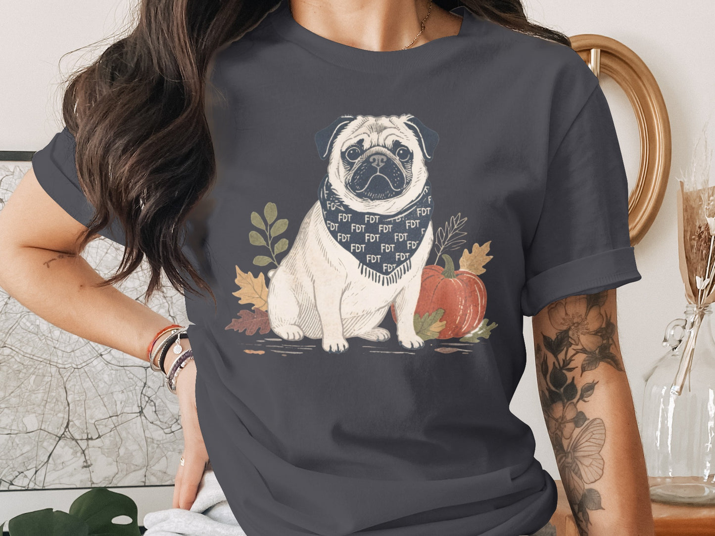 Adorable Pug Autumn T-shirt with Foliage Design