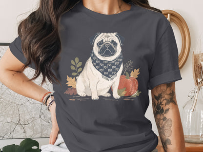 Adorable Pug Autumn T-shirt with Foliage Design