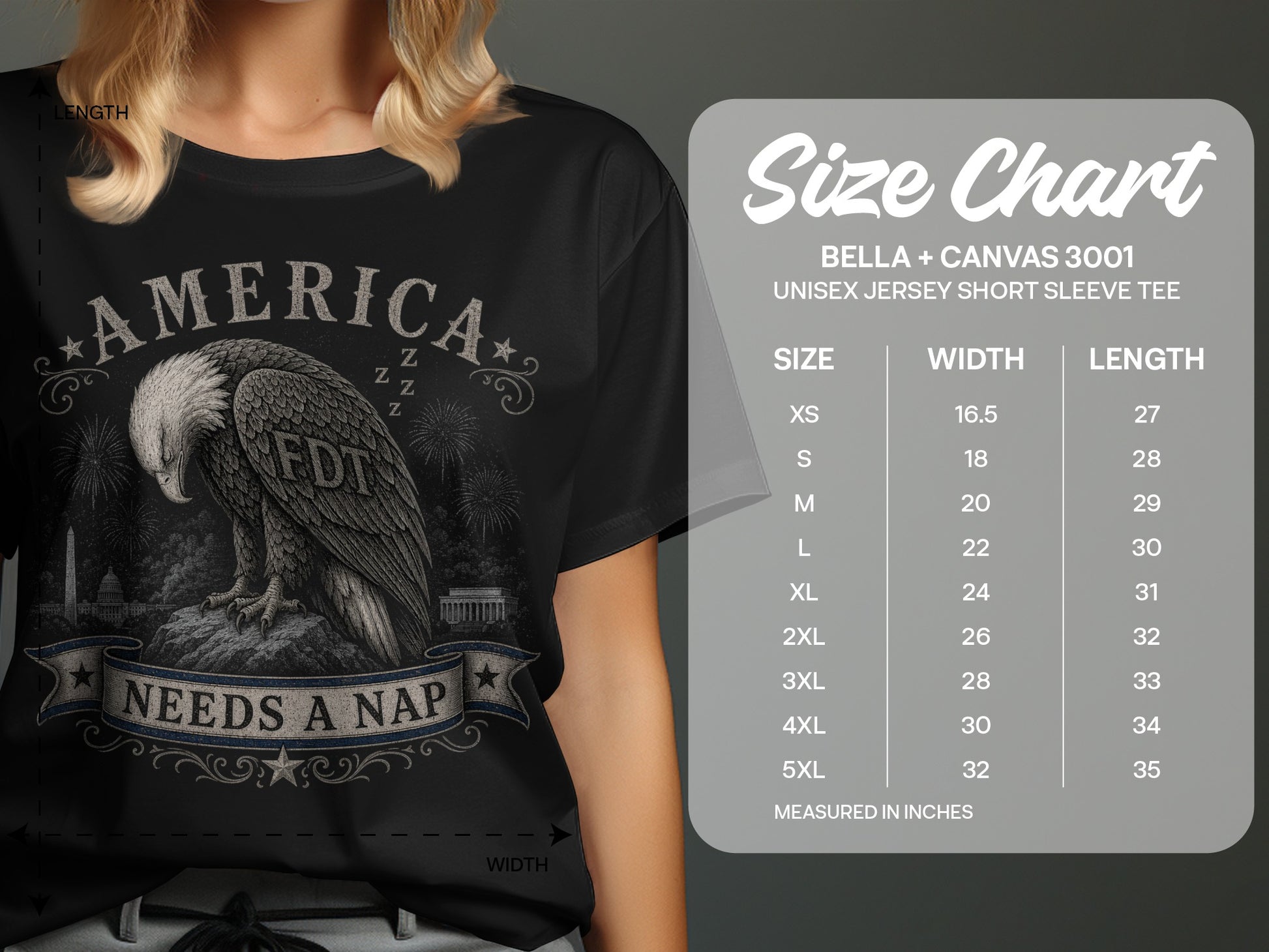 T-shirt graphic of an eagle with "America Needs A Nap" and a size chart.