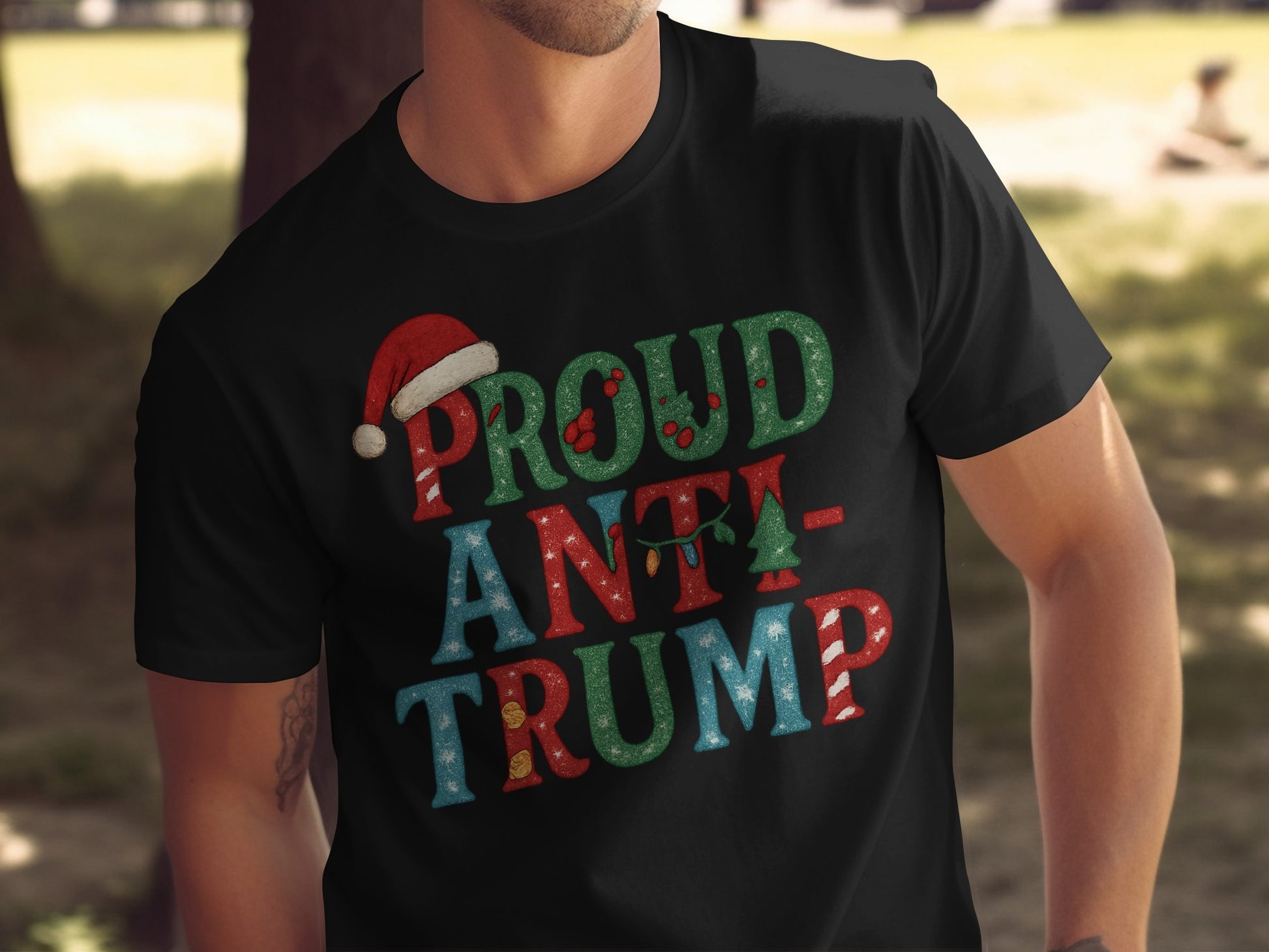 Proud Anti Trump Christmas Sant Hat Graphic Tee