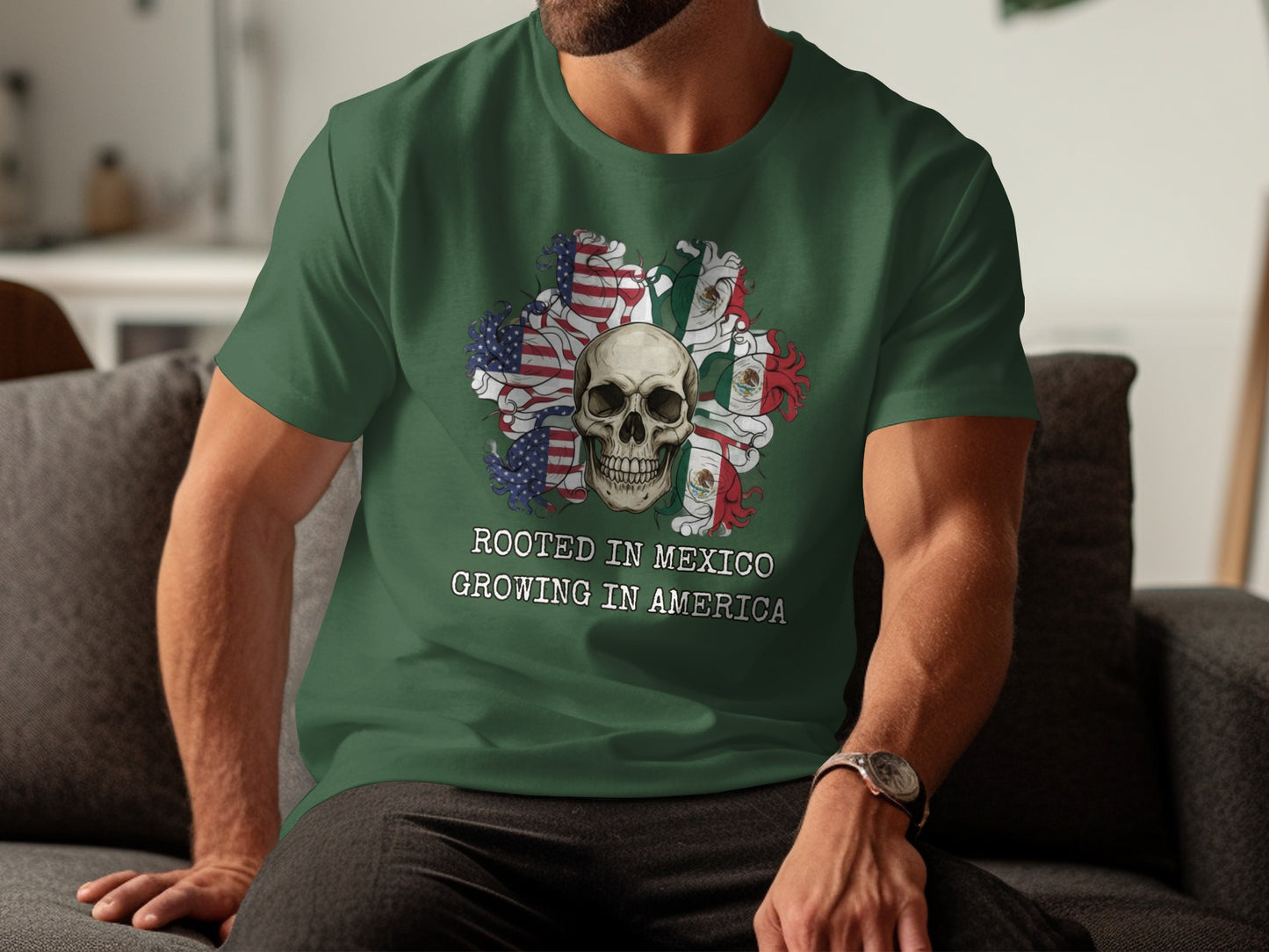 Rooted In Mexico Growing In America Skull T-Shirt