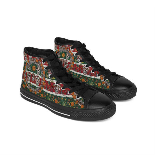 Colorful Dia de los Muertos Sneakers, High-Top Sneakers for Women, Unique Skulls Design Shoes, Festival Footwear, Casual Style Sneakers