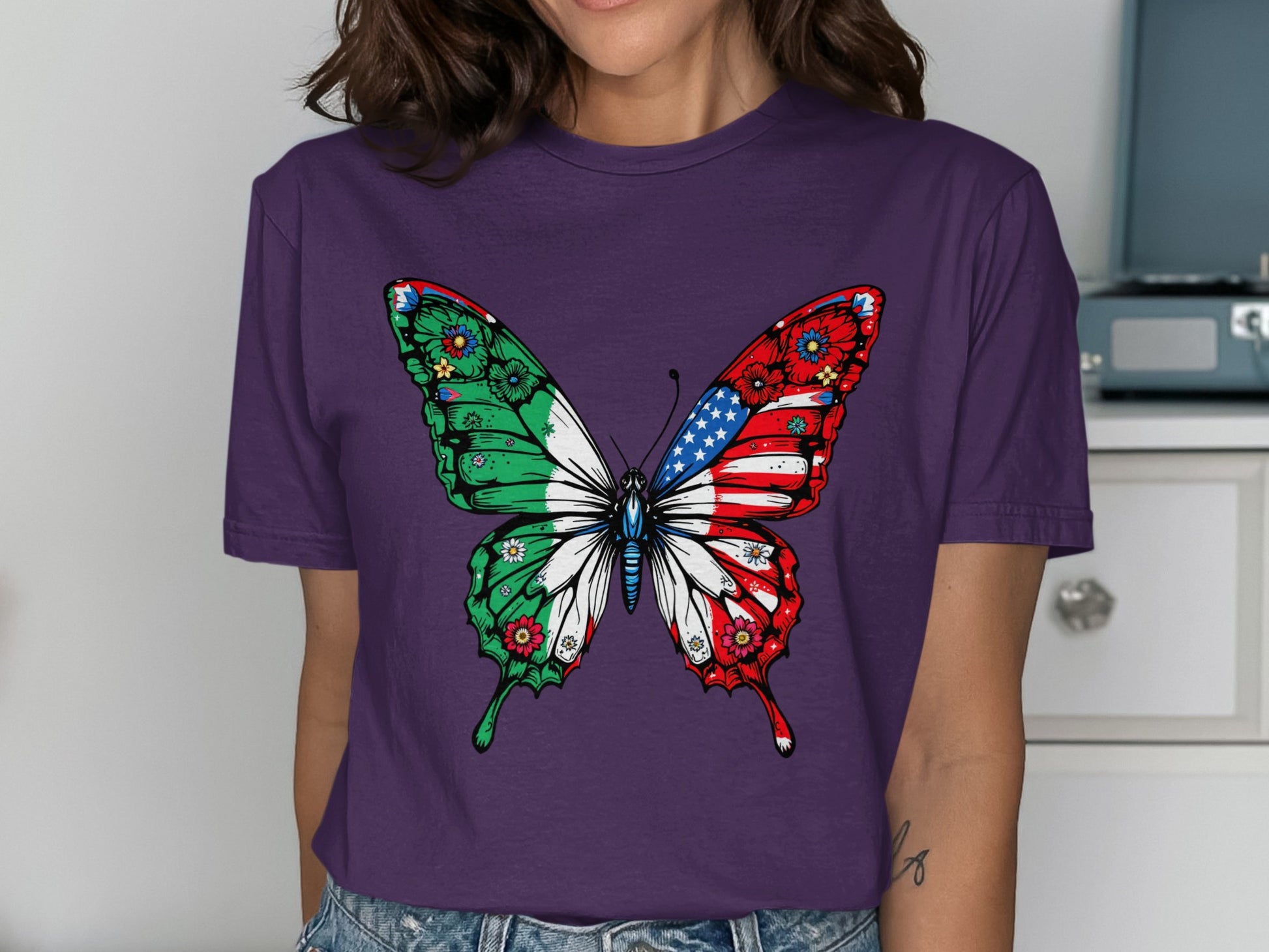 Colorful Butterfly Design on Purple Shirt product