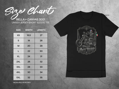 Size chart for Bella+Canvas 3001 unisex t-shirt, with "Proud Anti Trump" graphic.