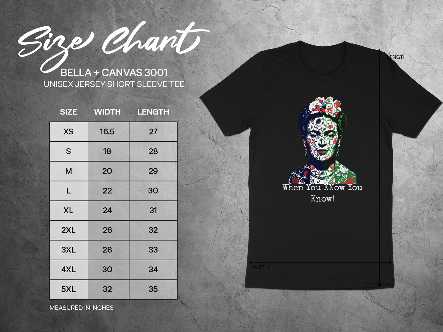 Size chart for Bella+Canvas 3001 t-shirt with Frida Kahlo graphic and text.