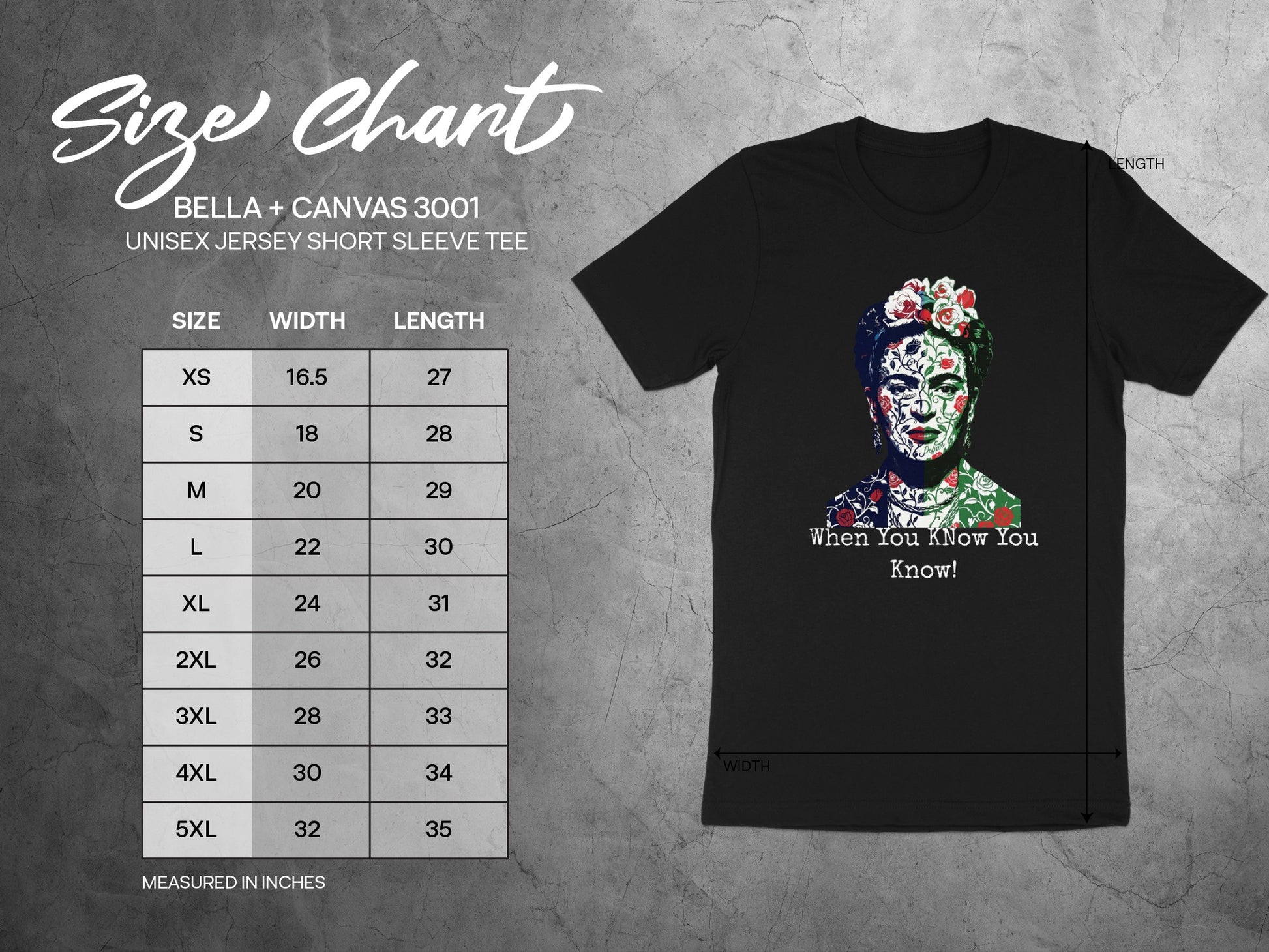 Size chart for Bella+Canvas 3001 t-shirt with Frida Kahlo graphic and text.