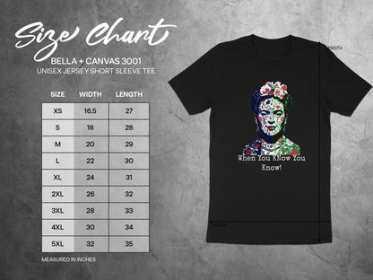 Size chart for Bella+Canvas 3001 t-shirt with Frida Kahlo graphic and text.