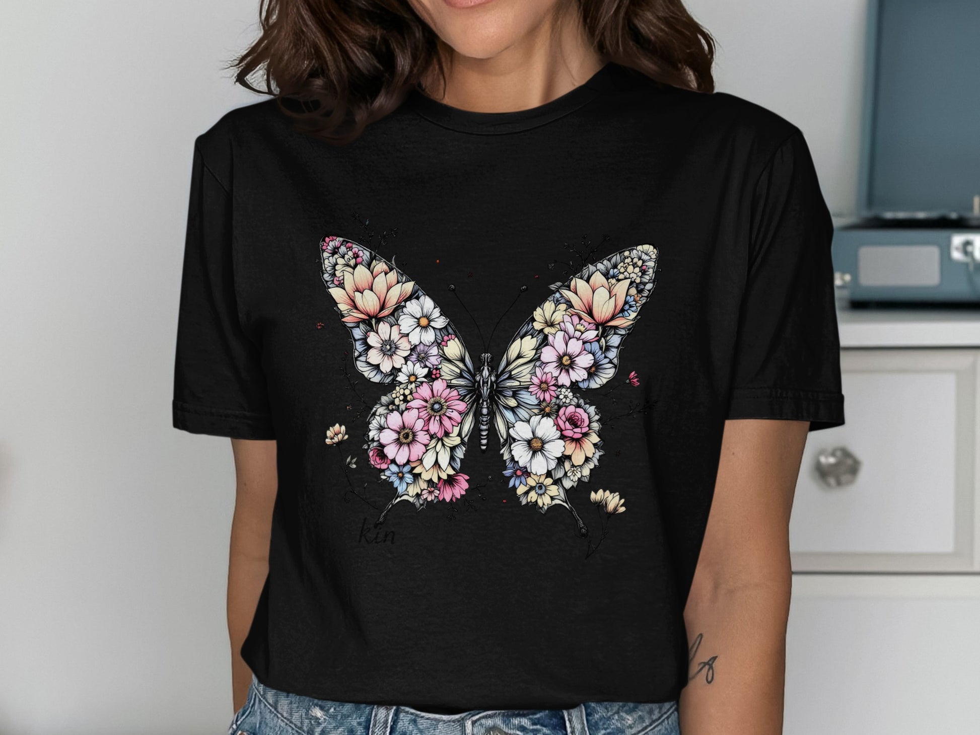 Floral Butterfly Design on Black T-shirt product