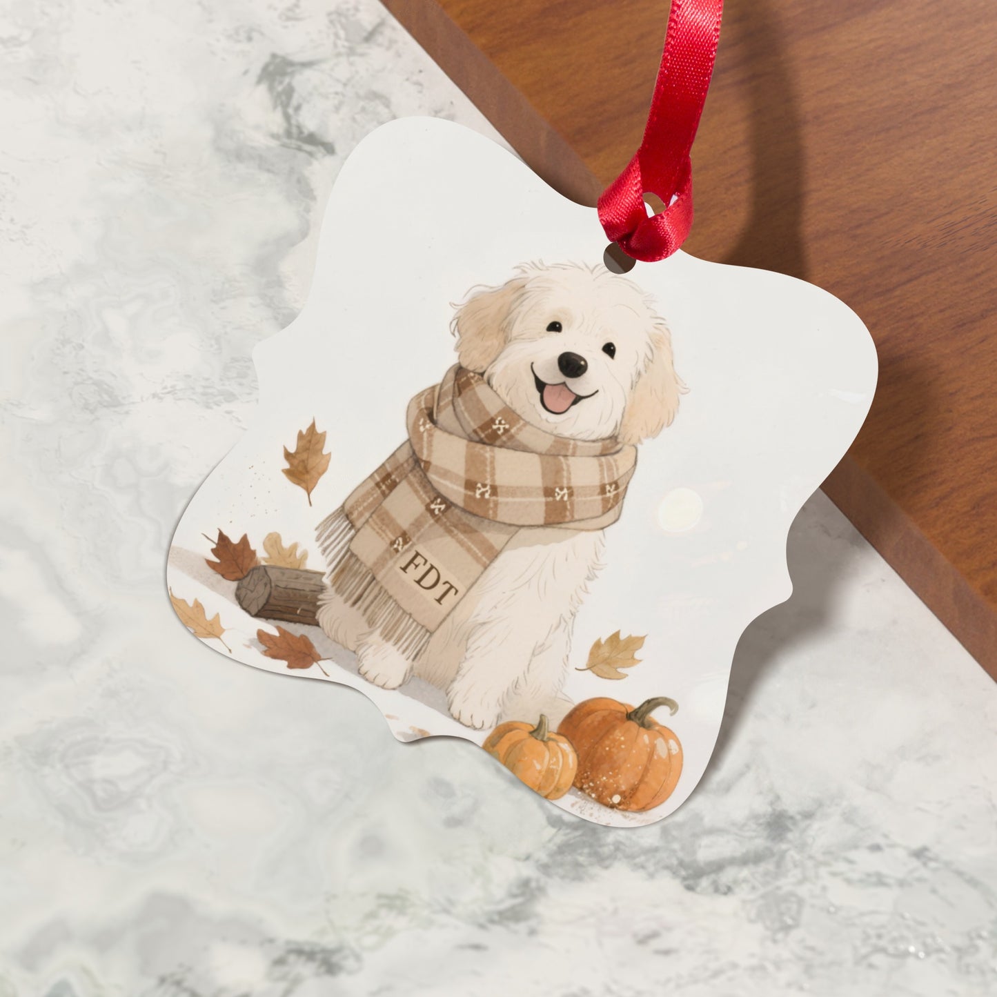 Cute Puppy Ornament with Autumn Leaves Design