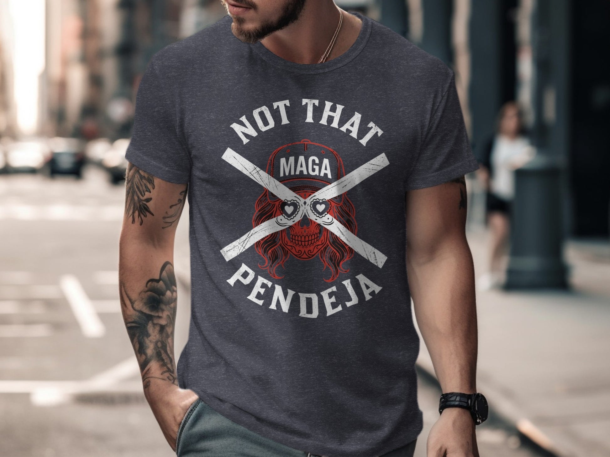 T-shirt with "NOT THAT PENDEJA" text and skull with crossed propellers design.