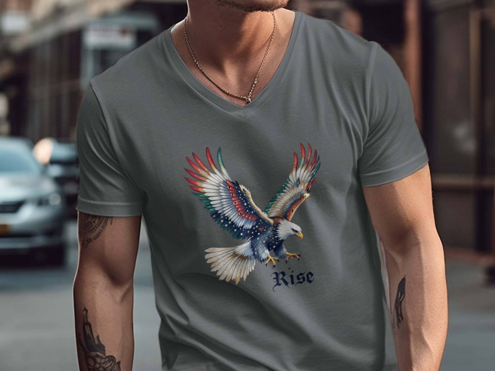 Rise Graphic Eagle Design V-Neck T-Shirt product