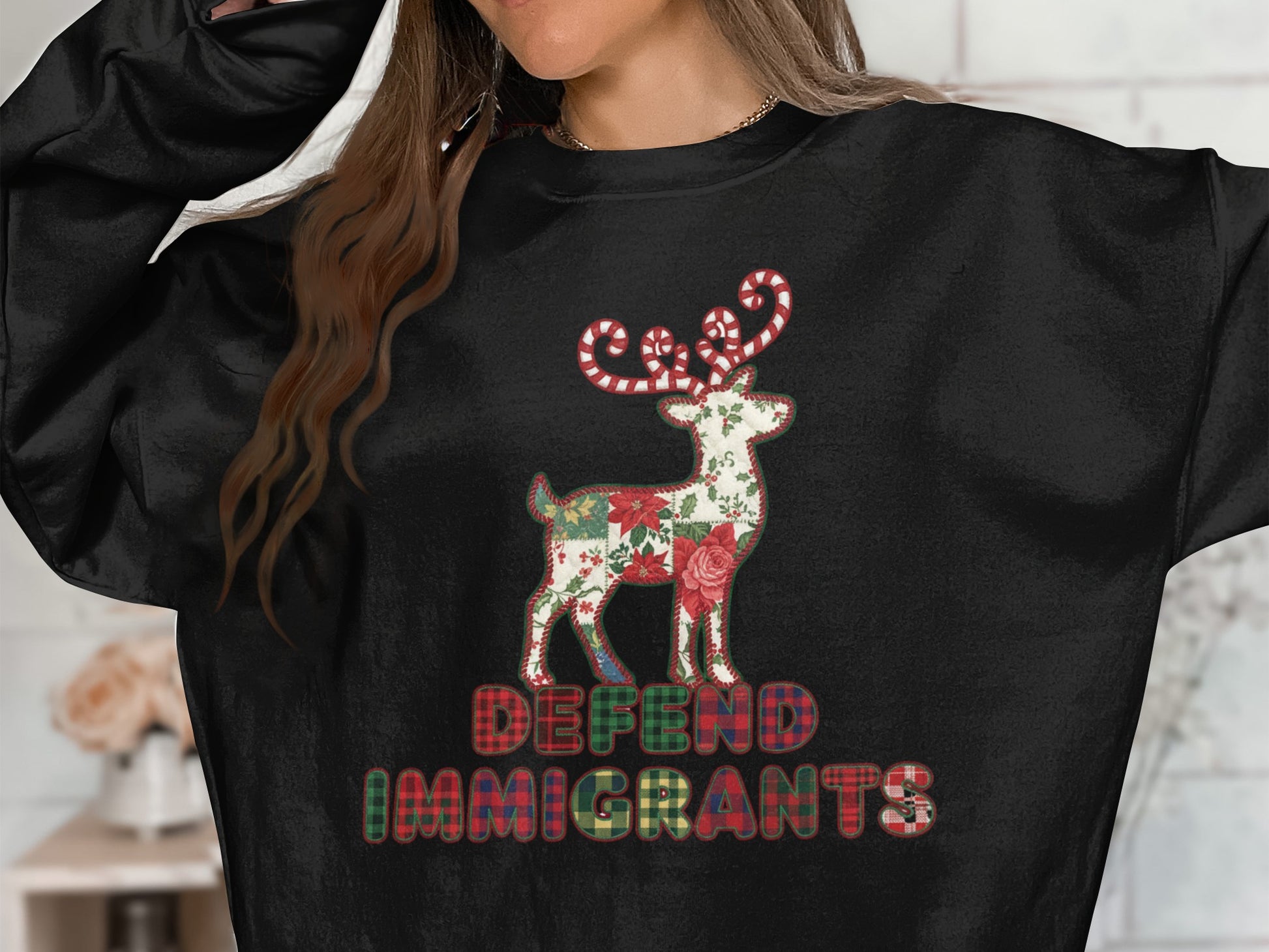 Defend Immigrants Floral Reindeer Sweatshirt