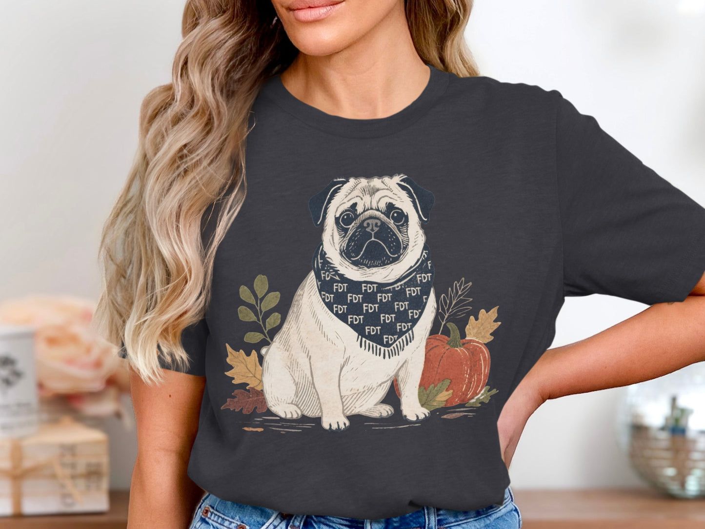 Cute Pug with Pumpkin Graphic Print Shirt product