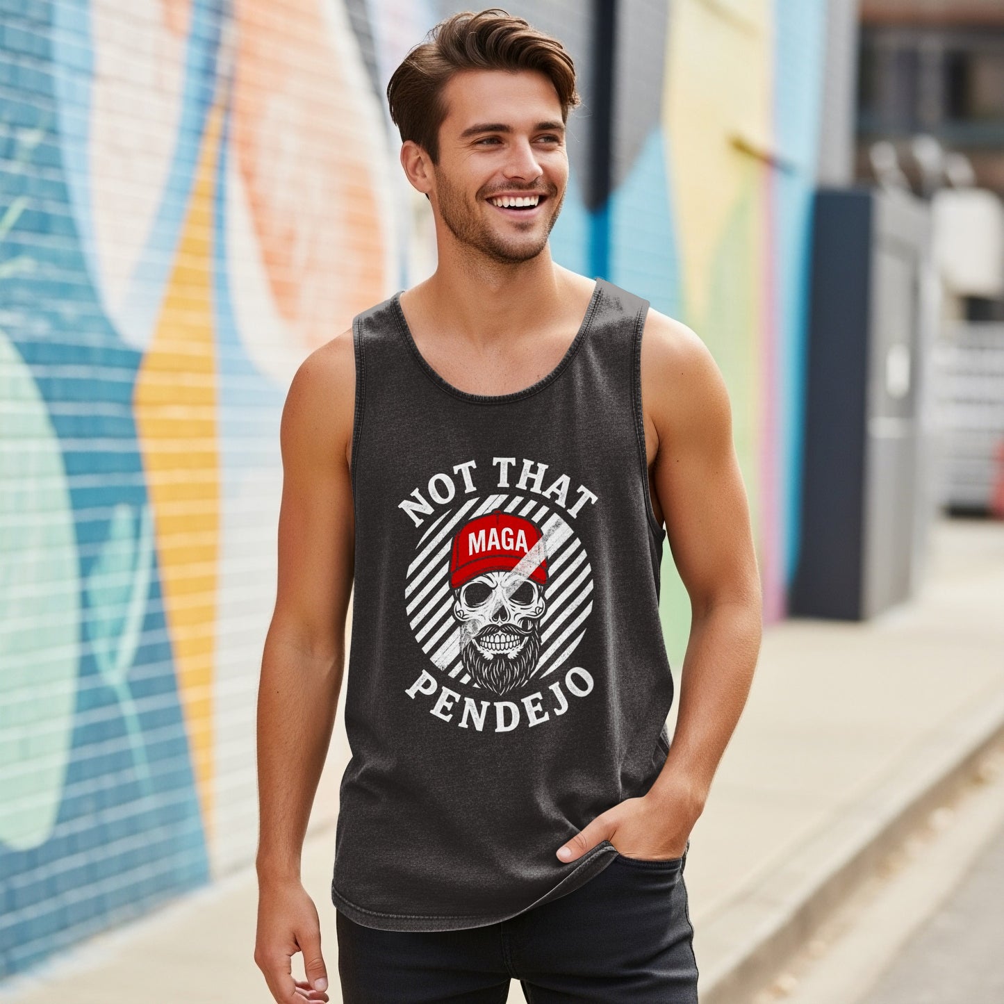Man wearing a dark tank top with "NOT THAT MAGA PENDEJO" text and skull graphic.