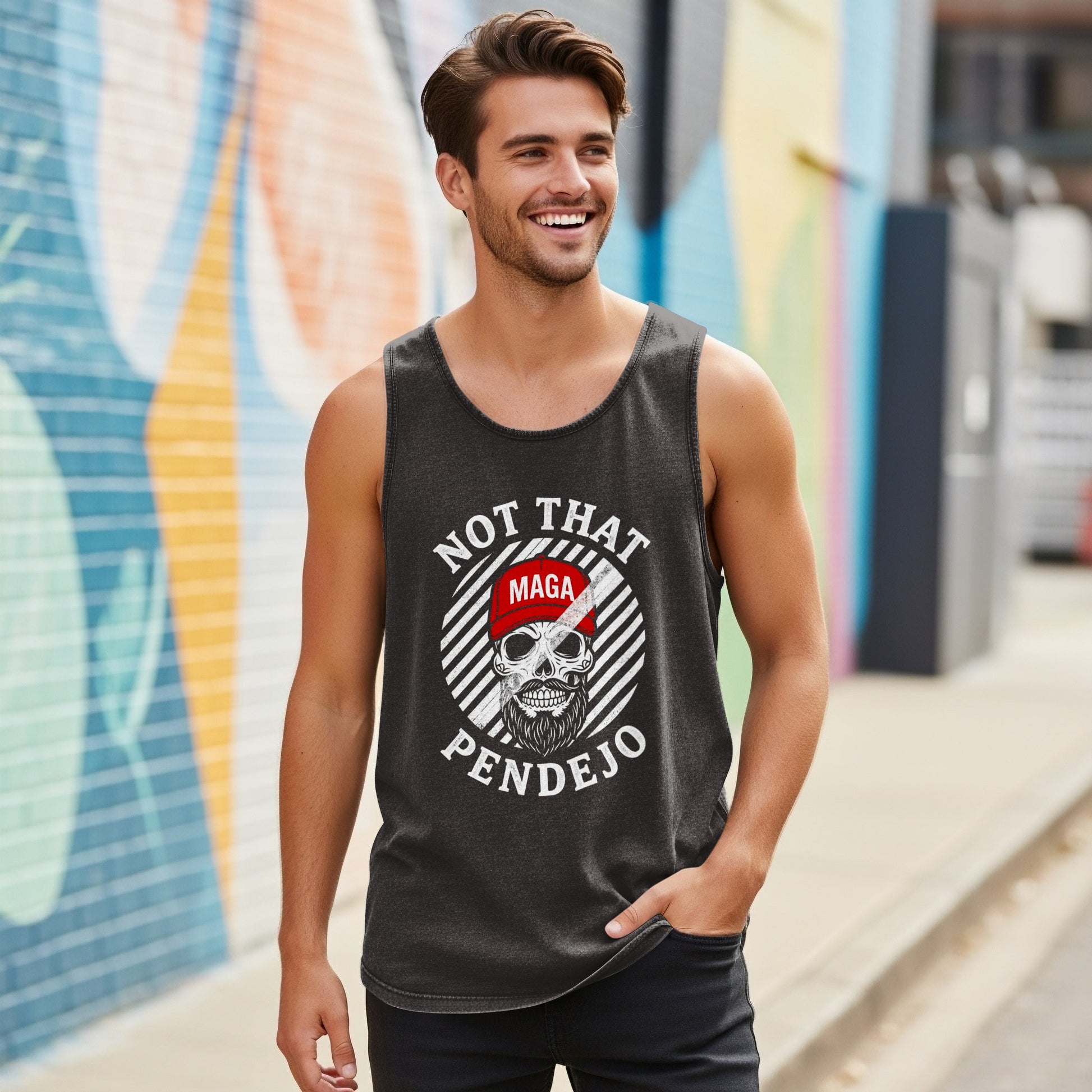 Man wearing a dark tank top with "NOT THAT MAGA PENDEJO" text and skull graphic.