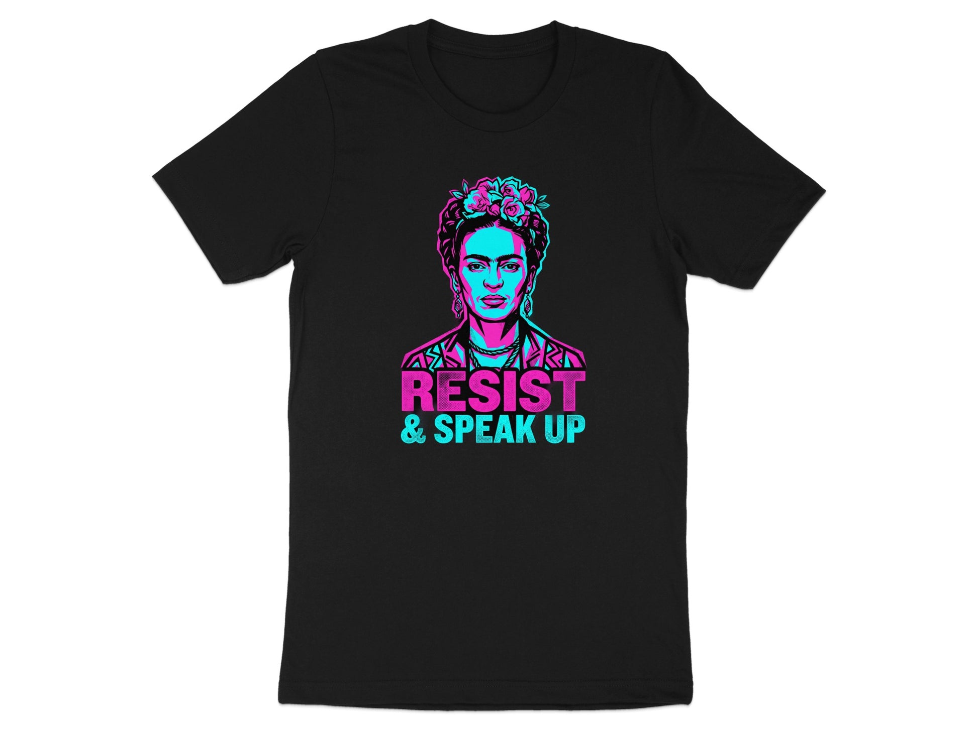 T-shirt with Frida Kahlo portrait, "RESIST & SPEAK UP" text.
