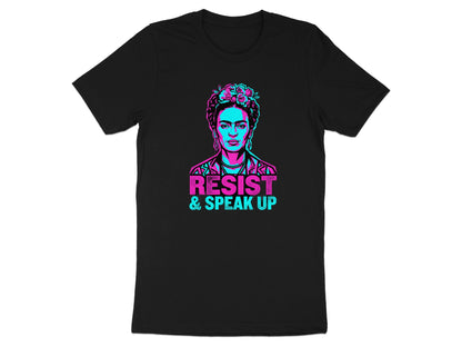 T-shirt with Frida Kahlo portrait, "RESIST & SPEAK UP" text.