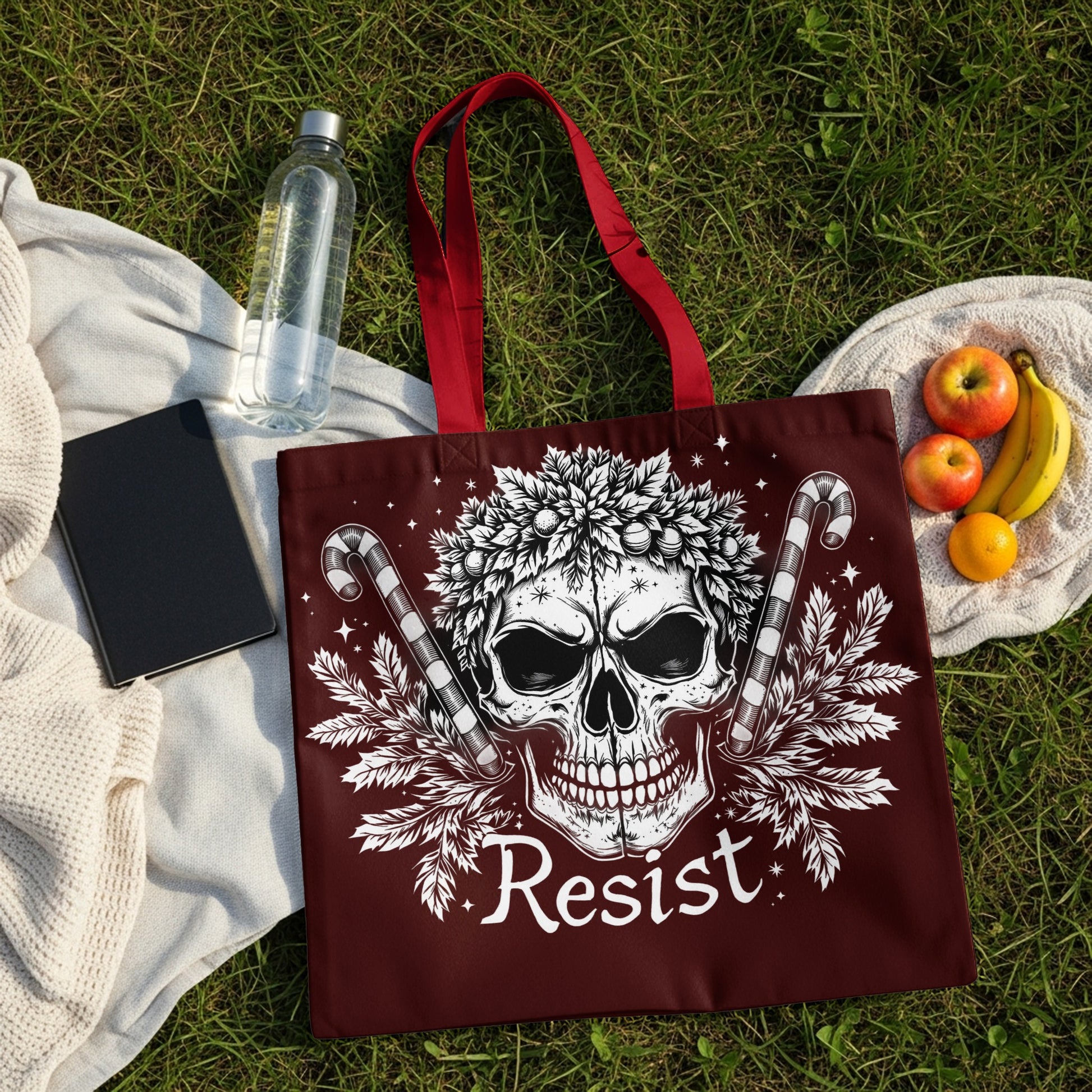 Skull and Candy Cane Design Resist Tote Bag