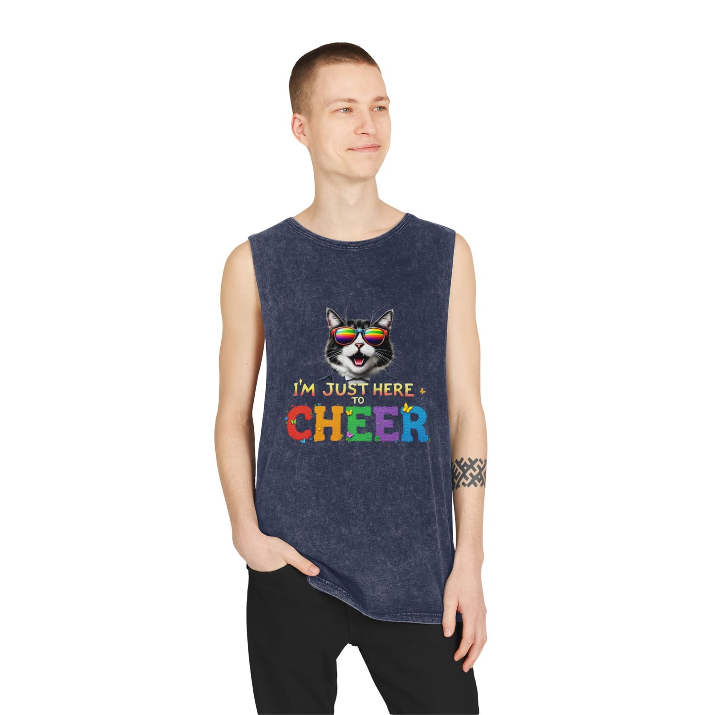 Unisex Stonewash Tank Top - Cheerful Cat Graphic Tee, Summer Fashion, Casual Wear, Gift for Cat Lovers, Fun & Unique Tank