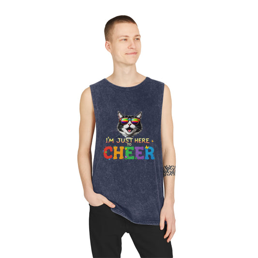 Unisex Stonewash Tank Top - Cheerful Cat Graphic Tee, Summer Fashion, Casual Wear, Gift for Cat Lovers, Fun & Unique Tank