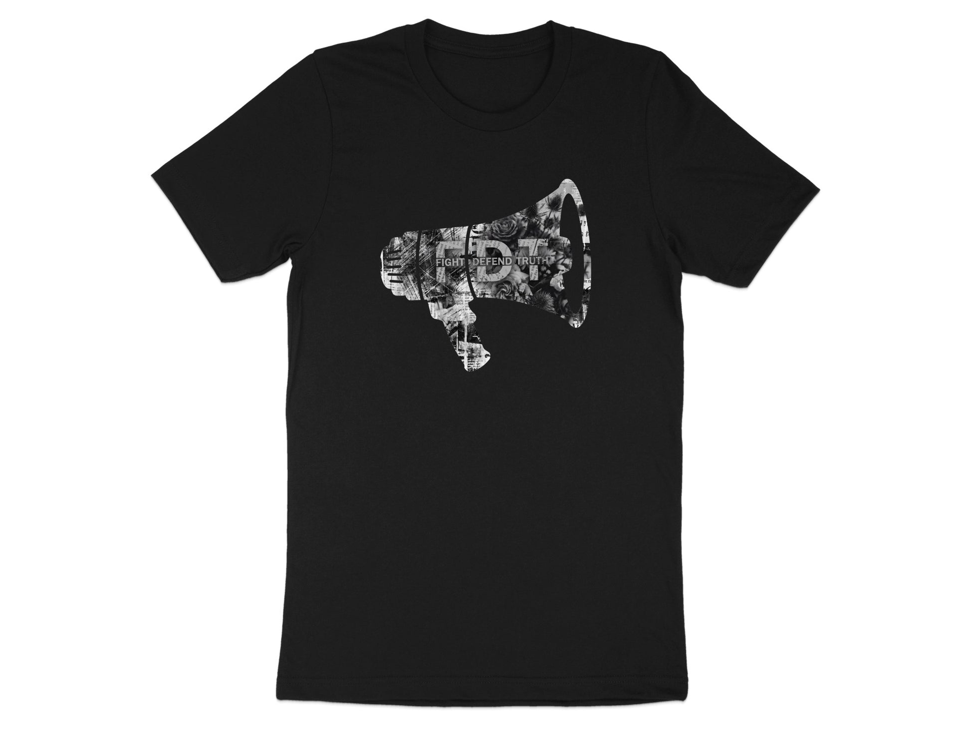 Black t-shirt with a grey graphic of a megaphone filled with newsprint.