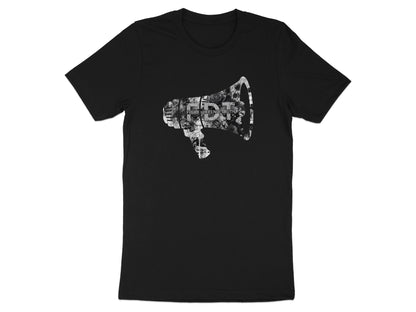 Black t-shirt with a grey graphic of a megaphone filled with newsprint.