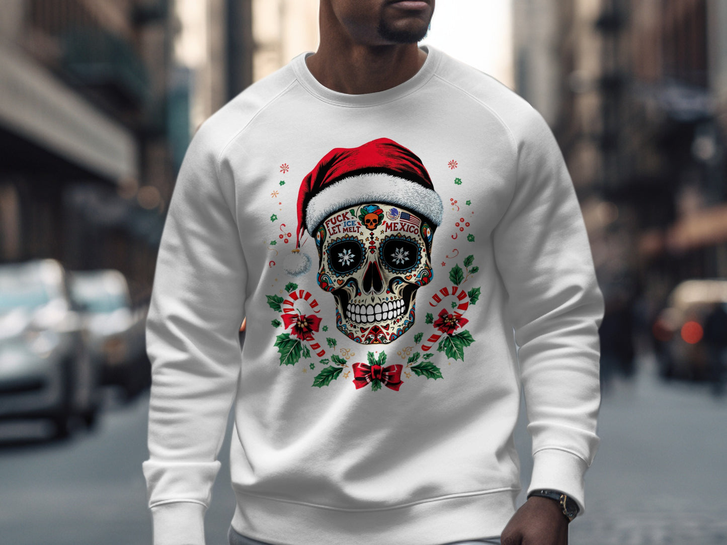 Festive Skull Wearing Santa Hat Holiday Sweater