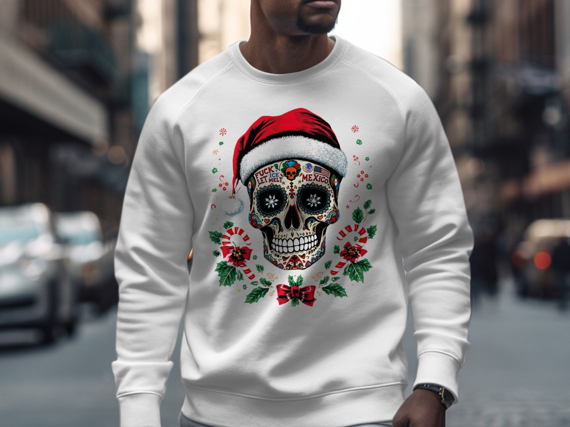 Festive Skull Wearing Santa Hat Holiday Sweater