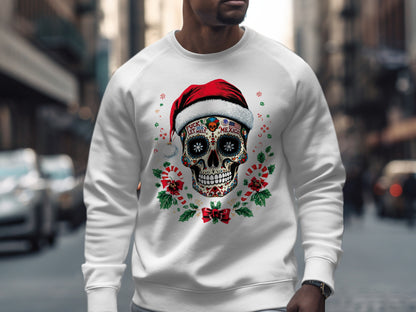 Festive Skull Wearing Santa Hat Holiday Sweater