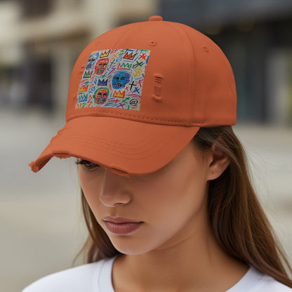 Embroidered Geometric Design Distressed Orange Cap product