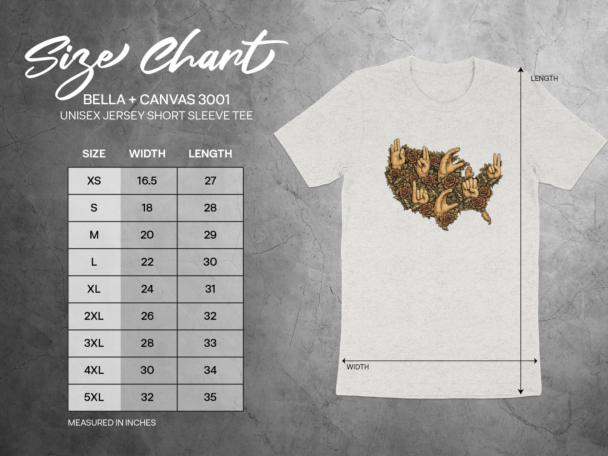 Unisex Jersey Short Sleeve Tee with Detailed Size Chart