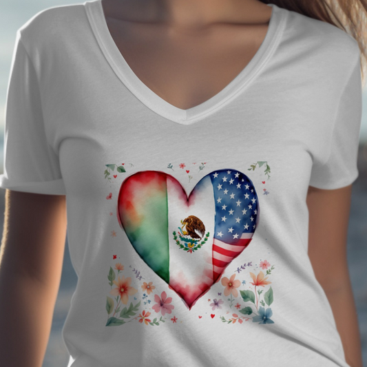 Heart Shape Mexican and American Flags Graphic Tee product