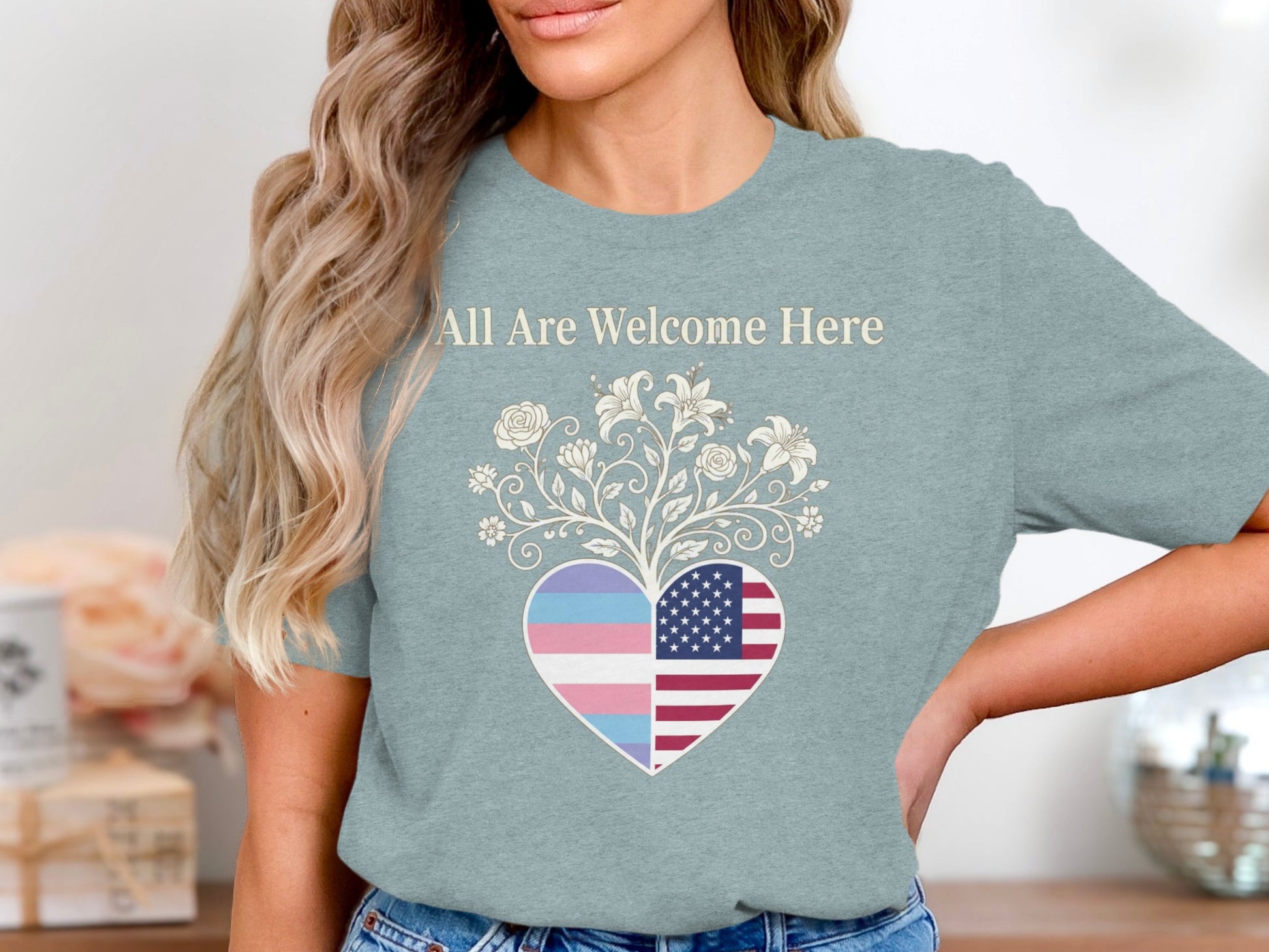 All Are Welcome Here Heart Design T-Shirt product