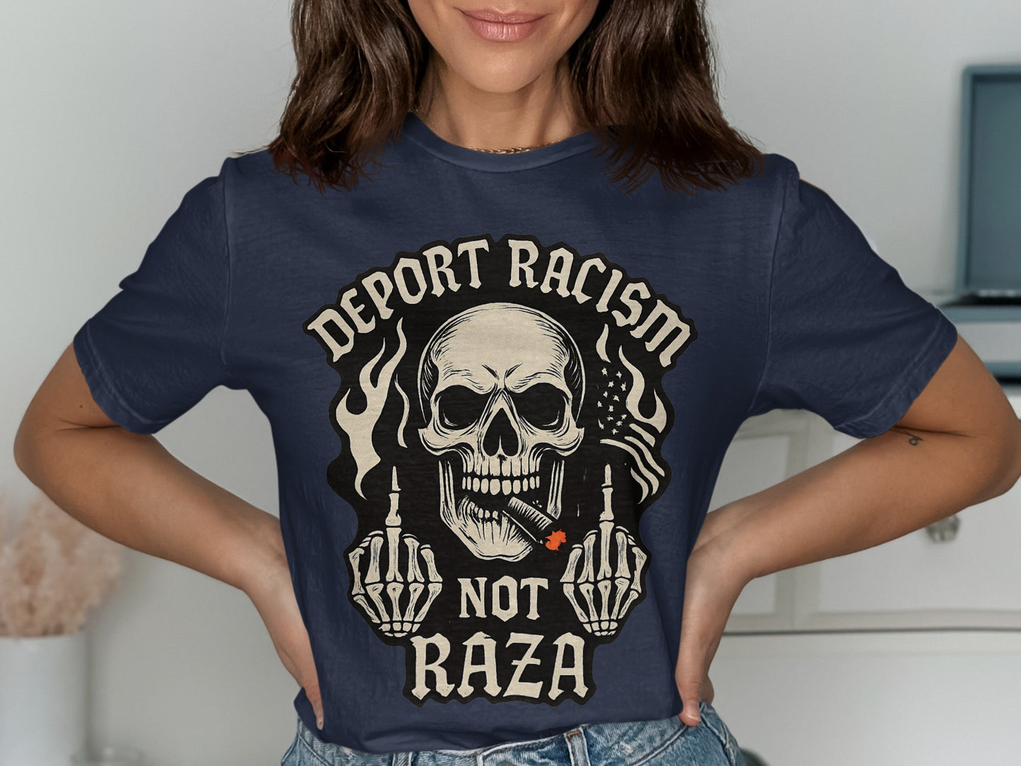 Deport Racism Not Raza Skull Graphic T-shirt product