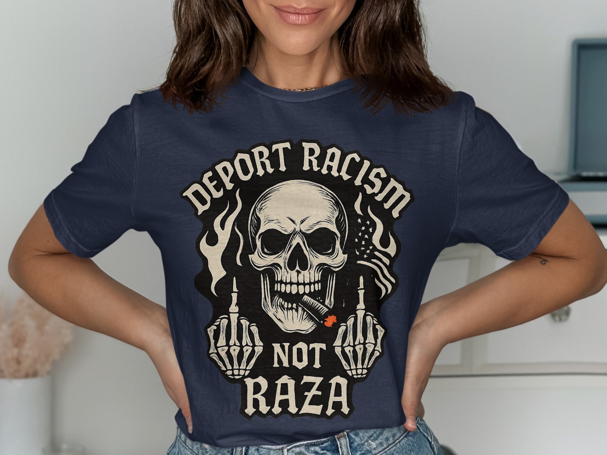 Deport Racism Not Raza Skull Graphic T-shirt product