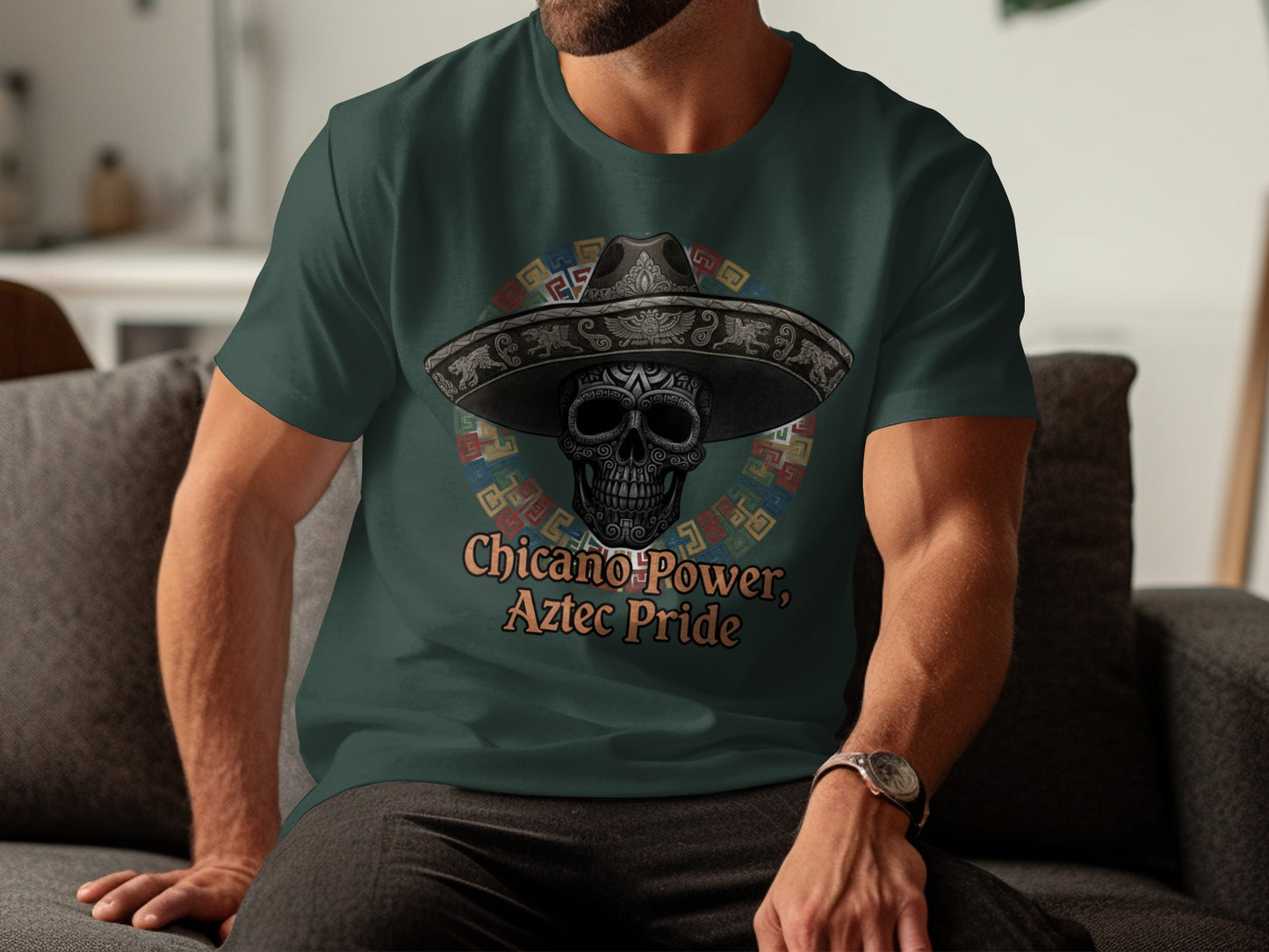 Chicano Power Aztec Pride Skull Sombrero Graphic T-Shirt