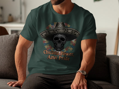 Chicano Power Aztec Pride Skull Sombrero Graphic T-Shirt