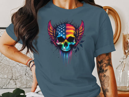 American Flag Winged Skull Graphic Tee shirt