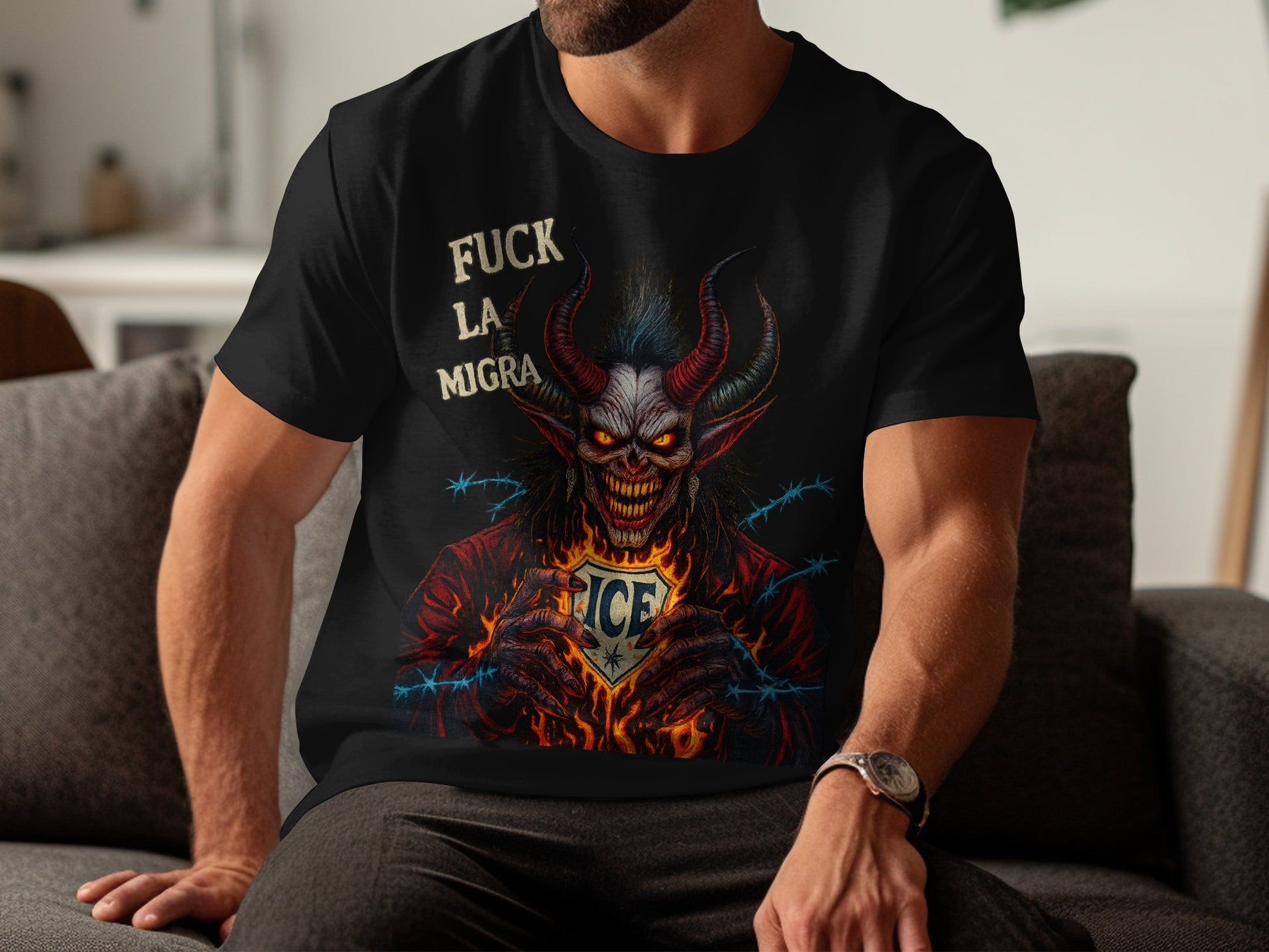Demon with F*** La Migra ICE Message on T-shirt product