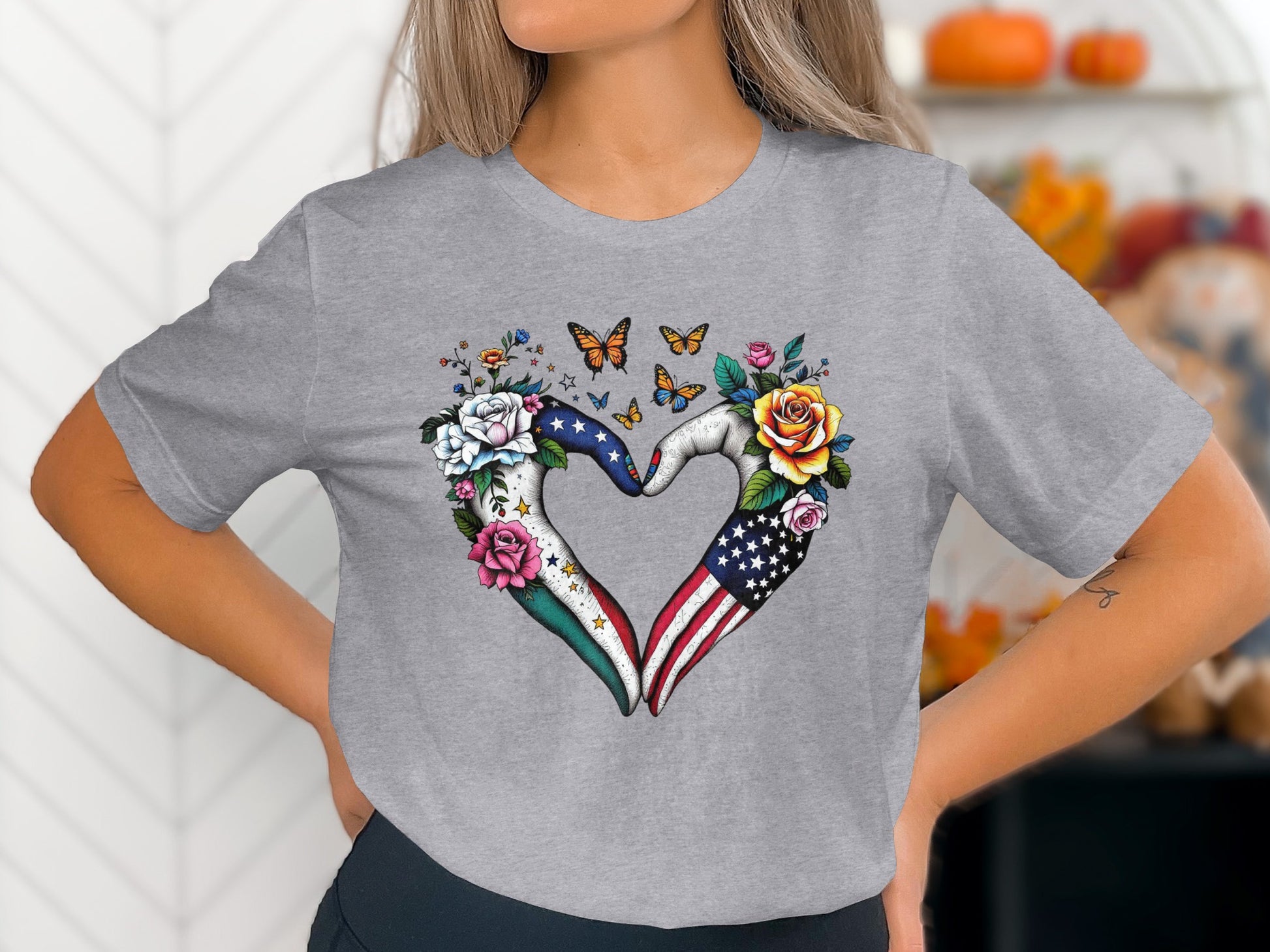 Heart Shaped American Flag Floral Hand Design Shirt