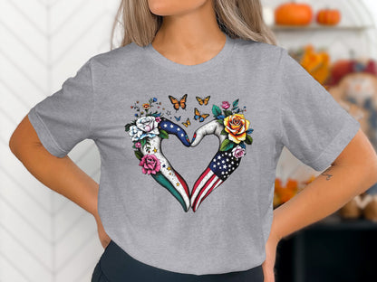 Heart Shaped American Flag Floral Hand Design Shirt
