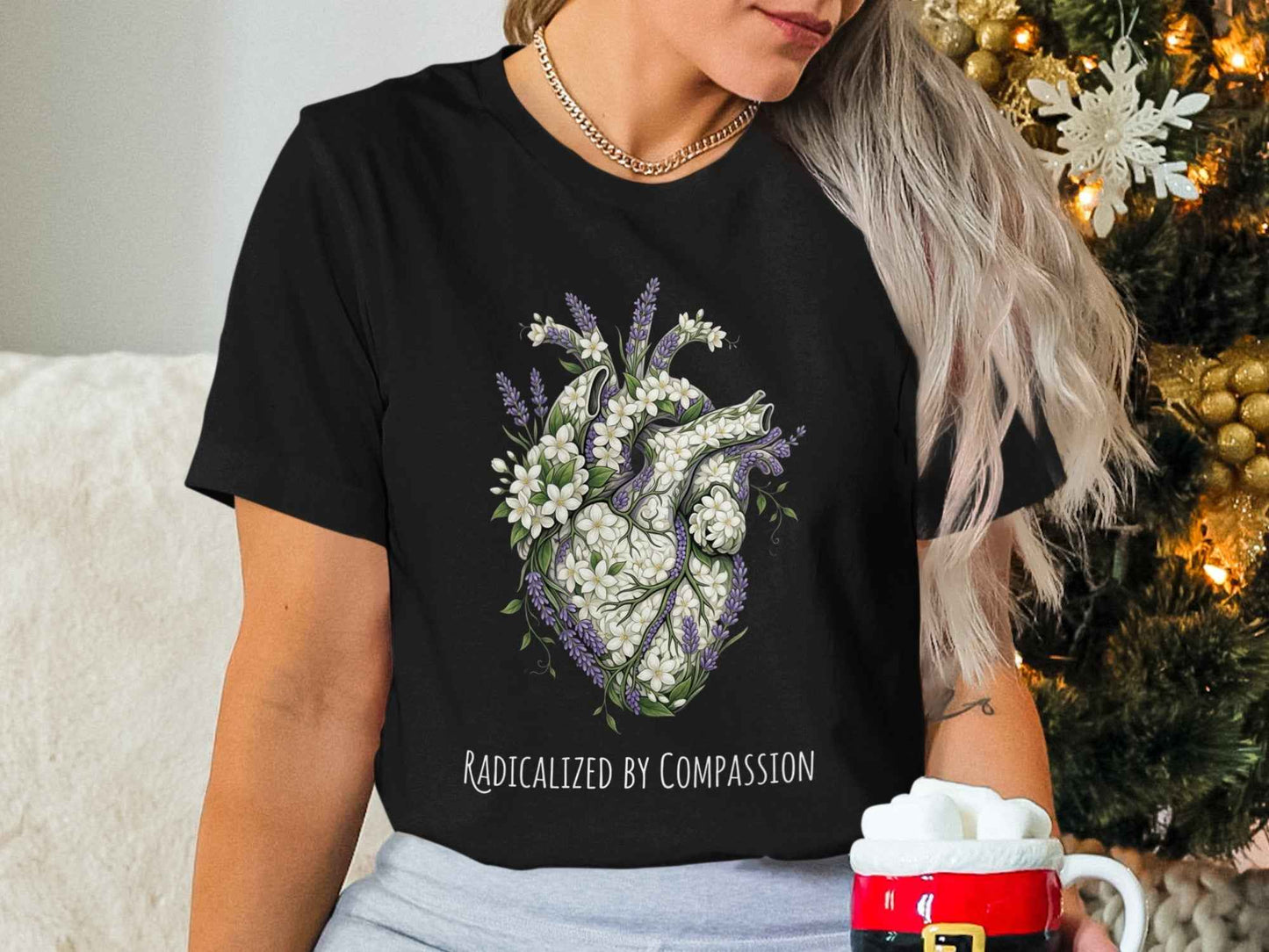 Botanical Anatomical Heart T-Shirts, Radicalized By Compassion Tee, Floral Lavender Jasmine Design, Empathy Kind Spirit Gift