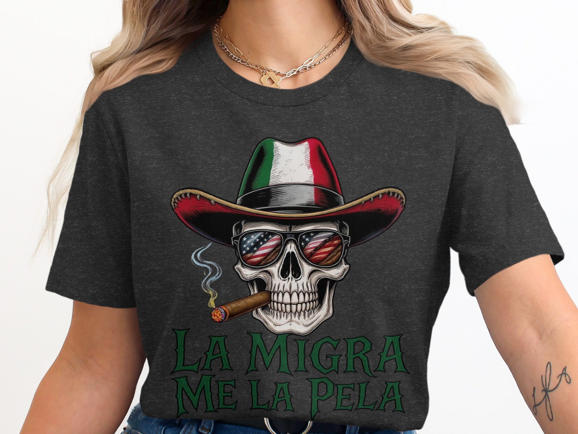 La Migra Me La Pela Skull and Cigar T-Shirt product type