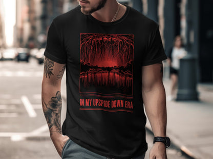 Black t-shirt with red upside down tree roots and text "IN MY UPSIDE DOWN ERA".