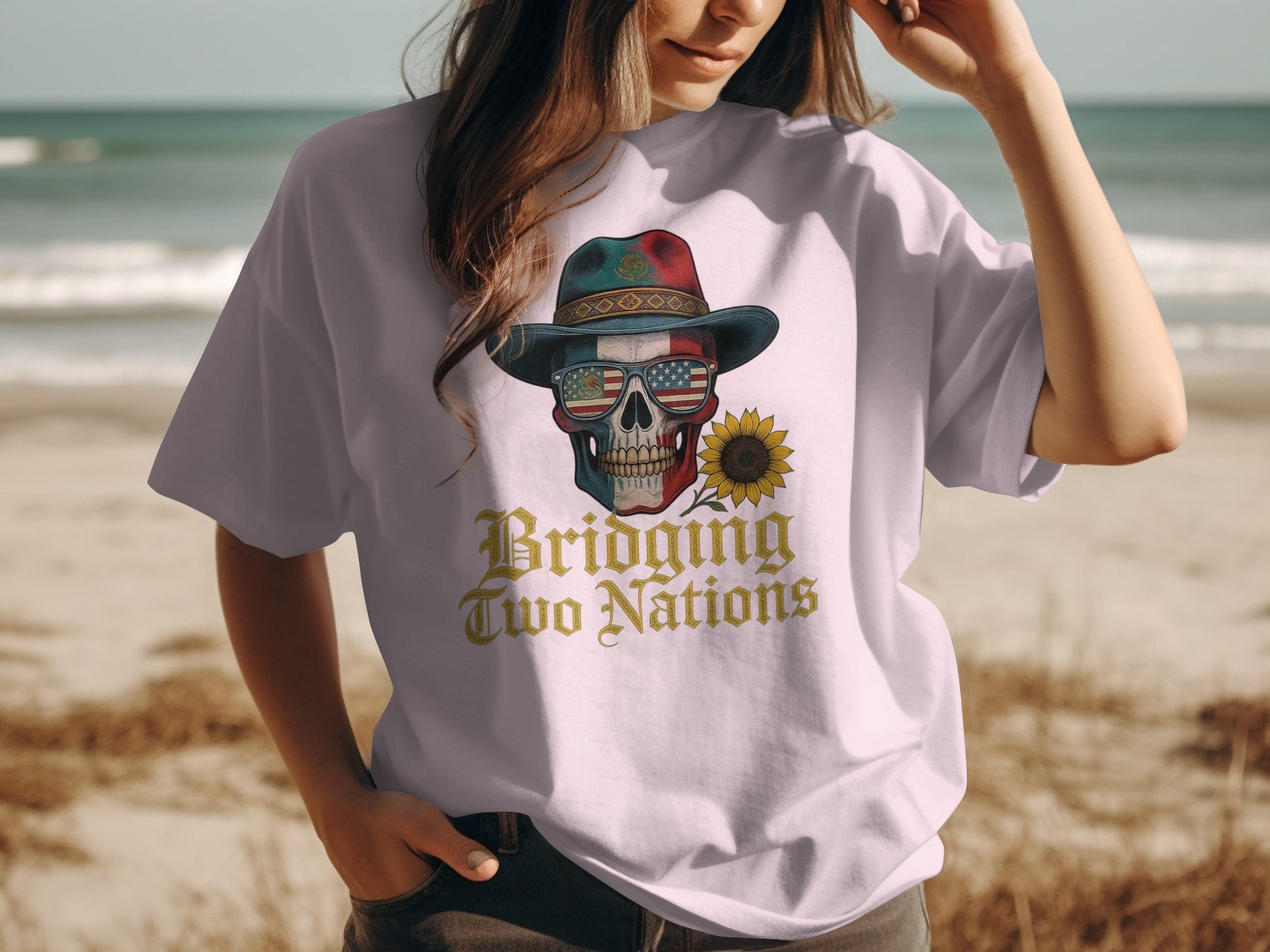 Bridging Two Nations Skull Patriotic Graphic T-shirt