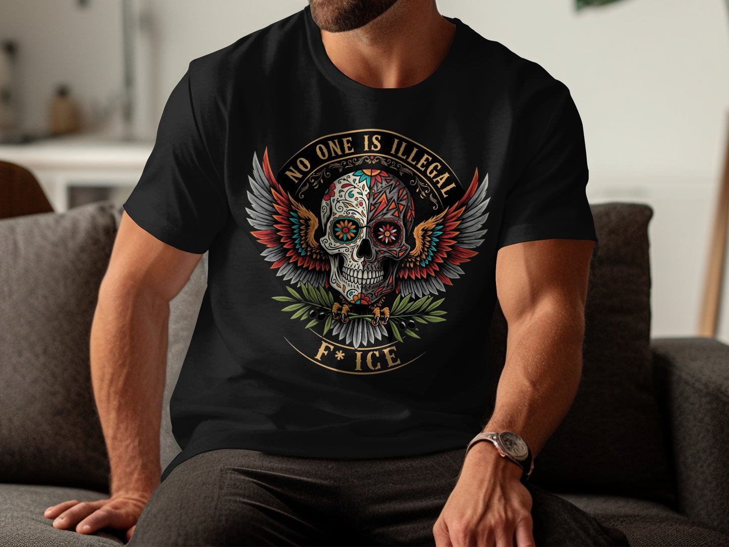 No One Is Illegal Skull Art Graphic T-Shirt product